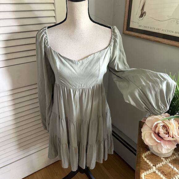 SHINESTAR Dress Womens Medium Sage Green Babydoll Milkmaid Balloon Sleeve Retro - Picture 1 of 11